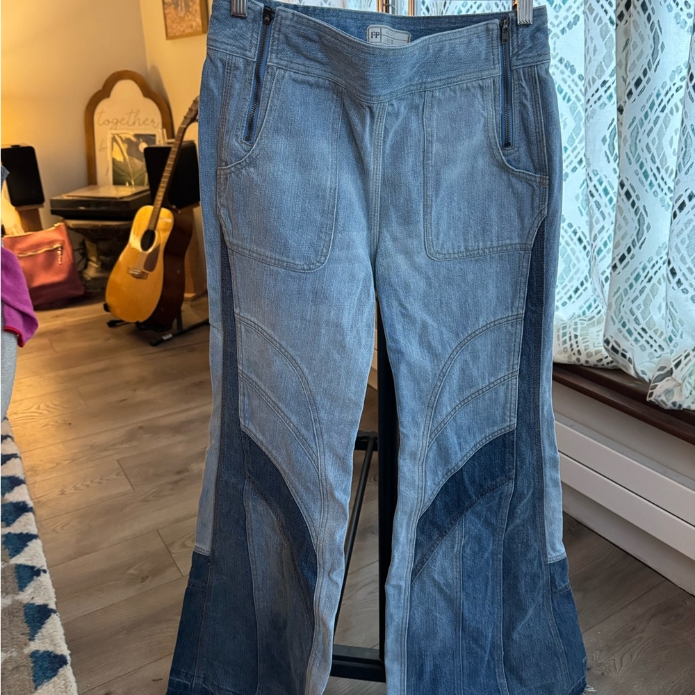 Free People Light and Medium Blue Two-Tone Denim Jeans